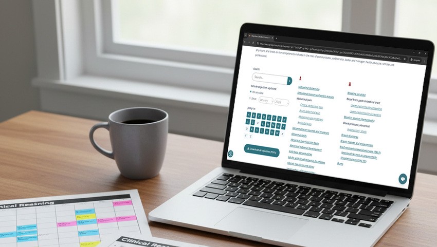 A laptop on a wooden desk displays the Ace QBank website, with a mug and a printed clinical reasoning chart beside it. Perfect for focused MCCQE1 exam preparation near a window.