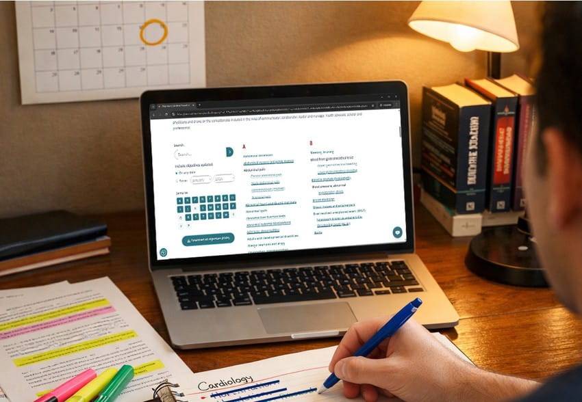Person studying at a desk with a laptop displaying an MCCQE1 exam preparation site. Open notebooks with highlighted text, Ace QBank notes, a calendar, a lamp and books in the background.