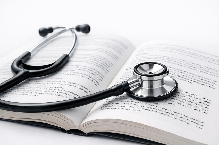 A stethoscope rests on an open medical textbook, hinting at preparation for the MCCQE1, with 2026 MCCQE1 Scheduling Open for April exam dates.
