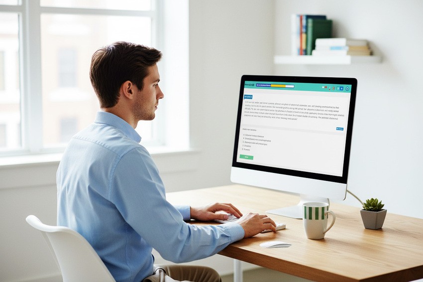 A man sits at a desk using a desktop computer in a bright office setting, reading about 2026 MCCQE1 Scheduling Open for April on the screen while preparing with Ace QBank.