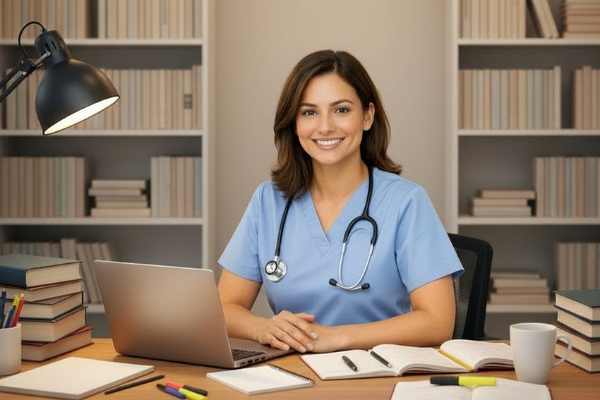 A woman in scrubs with a stethoscope sits at a desk with a laptop, books, and notes in a library or office setting, smiling at the camera. Focused on MCCQE1 Exam Preparation with Ace QBank, the best Qbank for MCCQE1 success.