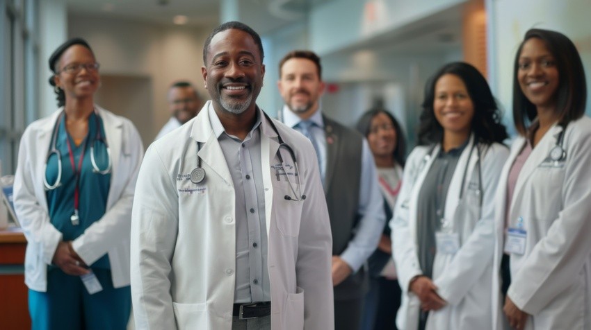 A group of diverse healthcare professionals, including doctors and nurses, stand together in a hospital corridor, smiling at the camera. Ready to tackle the 2026 MCCQE1 Examination and Assessments.