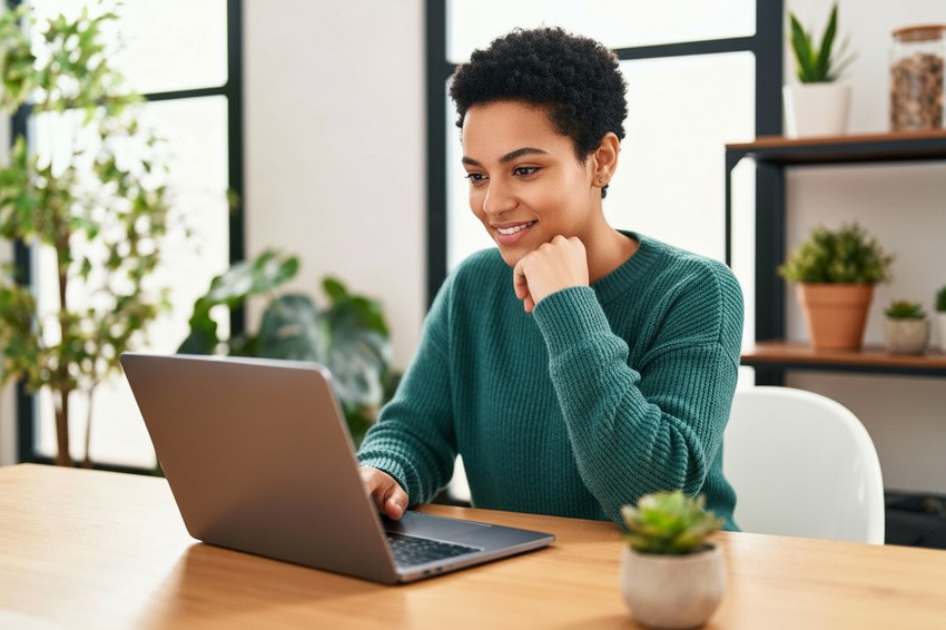 A woman in a green sweater sits at a desk, smiling while using her laptop to study for the MCCQE1. Potted plants and shelves decorate the background as she prepares with The Best Qbank for MCCQE1.
