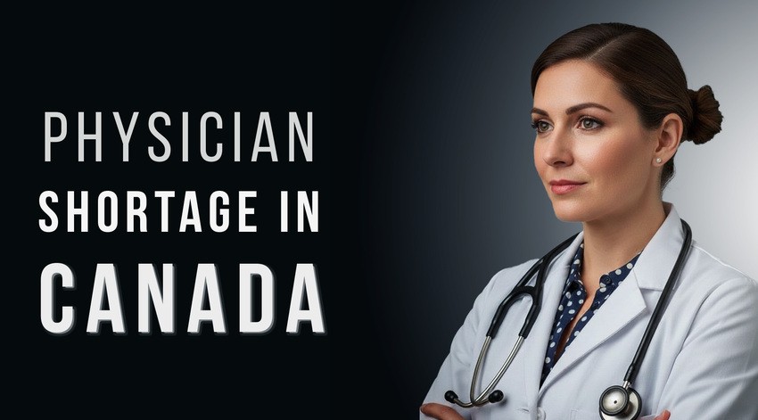 A female doctor with a stethoscope stands beside text reading "Physician shortage in Canada" on a dark background, highlighting the importance of Ace QBank for the 2026 MCCQE1 Examination and Assessments.