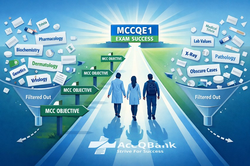 Three people walk toward a path labeled "MCCQE1 Exam Success," with Ace QBank medical topics filtered out on both sides, leading to focused "MCC OBJECTIVE" signs. Reminding you that 2026 MCCQE1 scheduling is open for April.