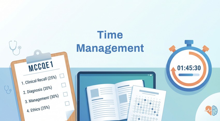 Illustration showing Time Management with a clipboard listing MCCQE1 exam sections, and study materials—ideal for MCCQE1 exam preparation with MCC Objectives & MCCQE1 Practice Questions.