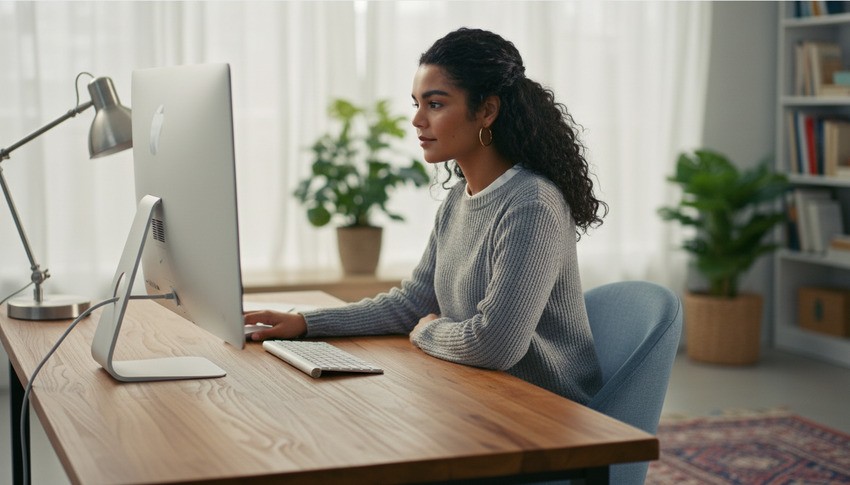 A woman sits at a wooden desk using a desktop computer in a modern home office with plants and shelves in the background, reviewing The Best 3 Tips for the MCCQE1 Exam Preparation on Ace QBank.