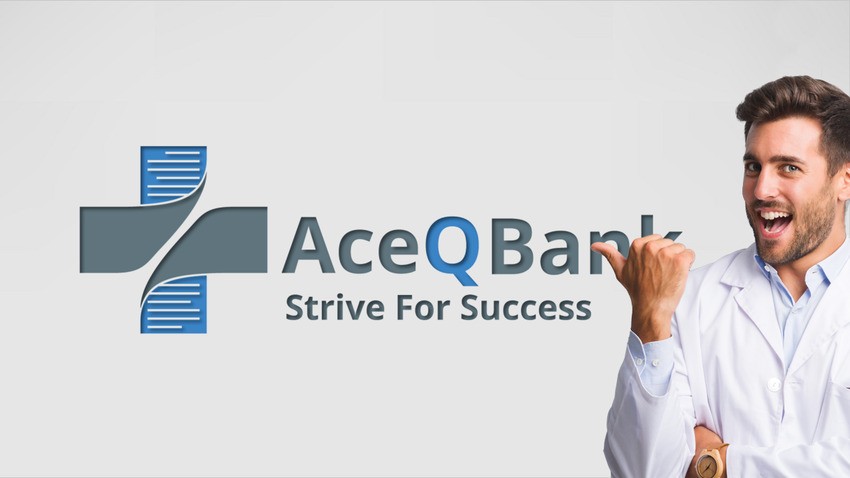A man in a white coat smiles and points at the Ace QBank logo and slogan, Strive For Success, on a white background, highlighting The Best 3 Tips for the MCCQE1 Exam Preparation.