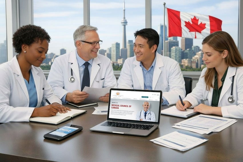 Four doctors in white coats sit at a table with papers and a laptop, displaying the Medical Council of Canada website, as they discuss MCCQE1 exam preparation and if there is Any Free Resource for the MCCQE1 Exam Prep?
