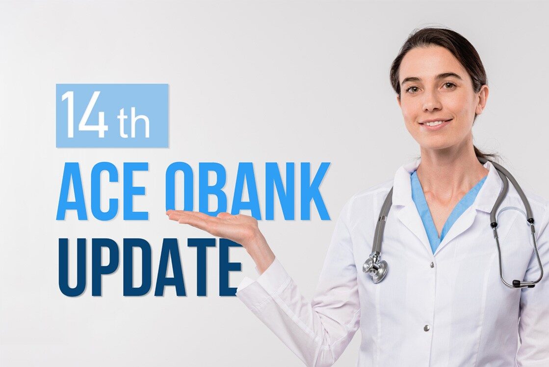 A female doctor in a white coat gestures beside text that reads "14th ACE QBANK UPDATE" on a light background, highlighting the latest Ace QBank Update 2026. Your trusted MCCQE1 resource.