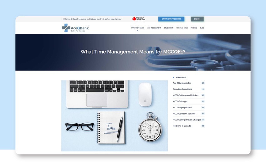 Ace QBank website showing an article on "What Time Management Means for MCCQE1?" with study materials to get Ready for the August 2026 MCCQE1 Exam Prep.