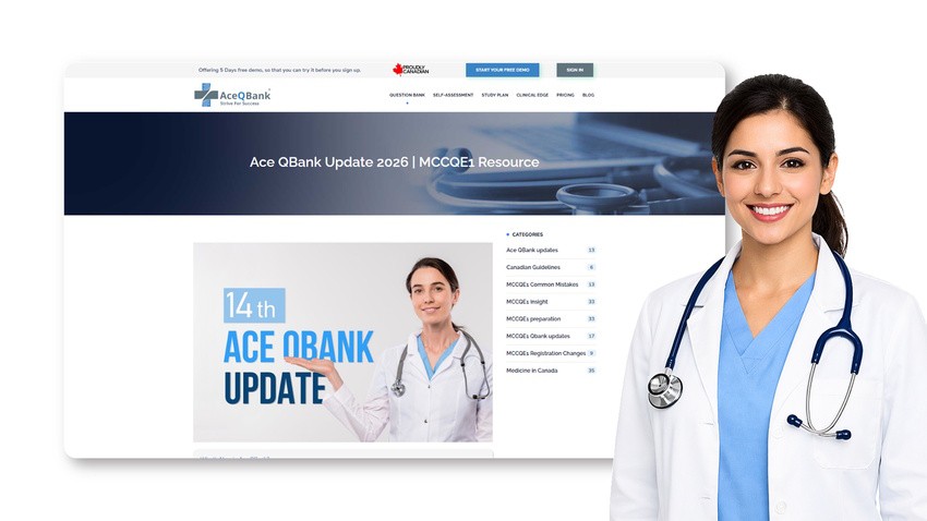 Screenshot of Ace QBank website, featuring a woman in a doctor's coat and stethoscope, with website elements like a login button and article categories, all for the August 2026 MCCQE1 Exam Prep.