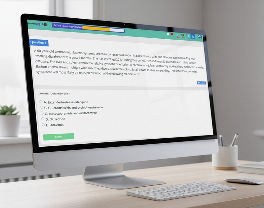 A computer monitor displays a medical multiple-choice question from Ace QBank about treating small bowel syndrome in a 60-year-old woman with systemic sclerosis, ideal for MCCQE1 exam preparation.