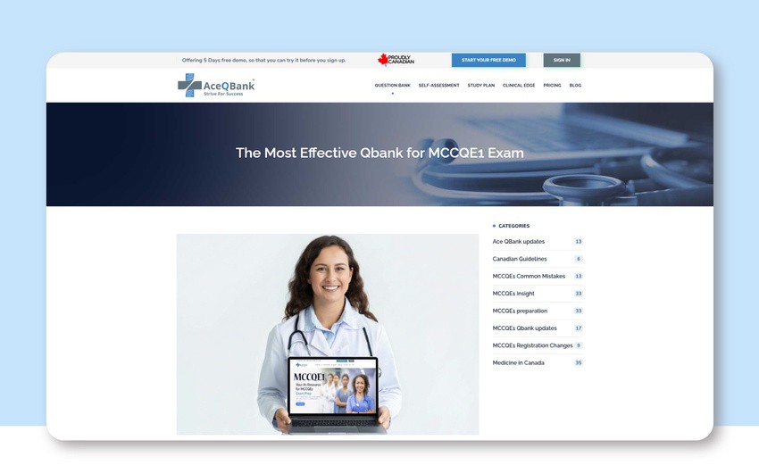 Screenshot of the Ace QBank website, featuring a woman in a lab coat holding a laptop displaying the MCCQE1 exam prep.