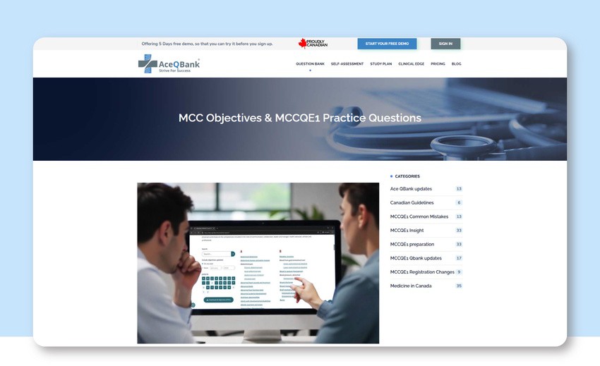 Ace QBank website offering MCC Objectives & MCCQE1 Practice Questions with categories like Ace Qbank updates, Canadian Guidelines and MCCQE1 exam preparation.