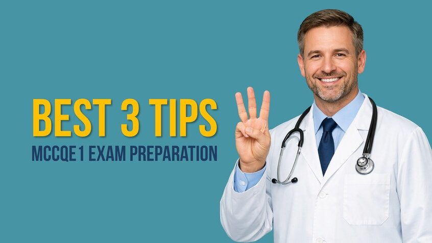 A male doctor in a white coat holds up three fingers next to text that reads "The Best 3 Tips for the MCCQE1 Exam Preparation" with an Ace QBank logo on a blue background.