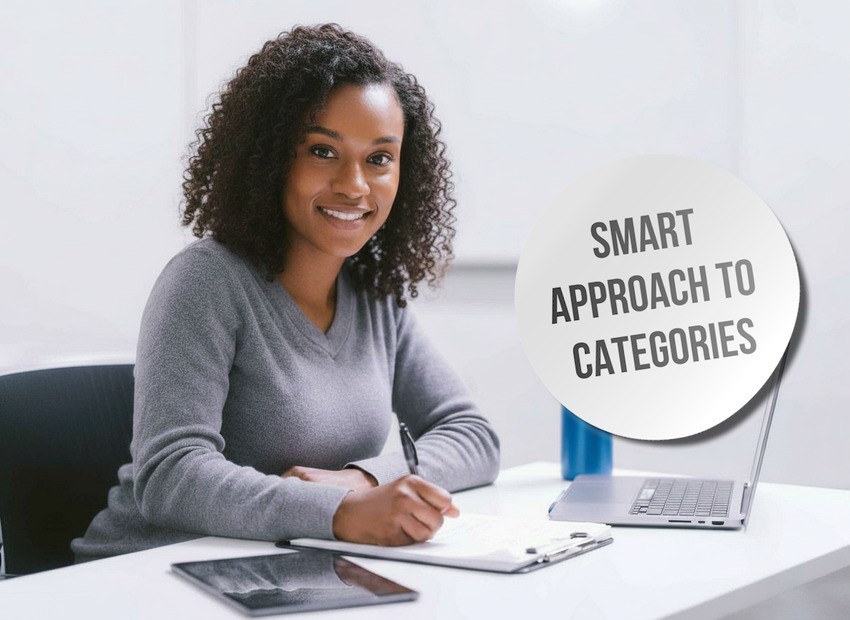 A woman sits at a desk with a notebook, pen, tablet, and laptop. A circular graphic reads "Smart approach to categories. What Top Candidates Do Differently? in MCCQE1 exam preparation.