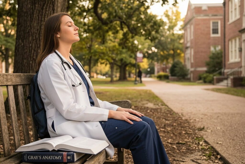 A person in medical scrubs and a white coat sits on a bench with eyes closed, next to an open book titled "Gray's Anatomy," perhaps reflecting on why most MCCQE1 study plans fail and considering tools like Ace QBank for better preparation.
