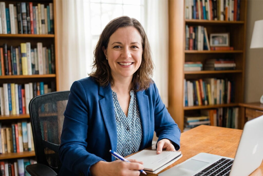 A woman in a blue blazer sits at a desk with a notebook and pen, smiling at the camera. Ready for MCCQE1 exam preparation. Bookshelves and a window are in the background, reflecting what top candidates do differently to succeed.