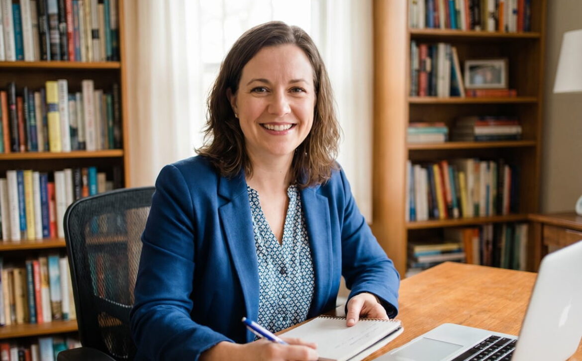 A woman in a blue blazer sits at a desk with a notebook and pen, smiling at the camera. Ready for MCCQE1 exam preparation. Bookshelves and a window are in the background, reflecting what top candidates do differently to succeed.