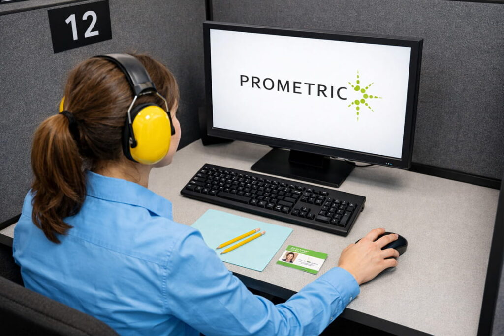 Woman who used Ace QBank for her MCCQE1 exam preparation, wearing headphones at a Prometric test station, facing a computer screen, with a keyboard, mouse, and ID card on the desk; image related to MCCQE1 Dates 2026 August and MCCQE1.