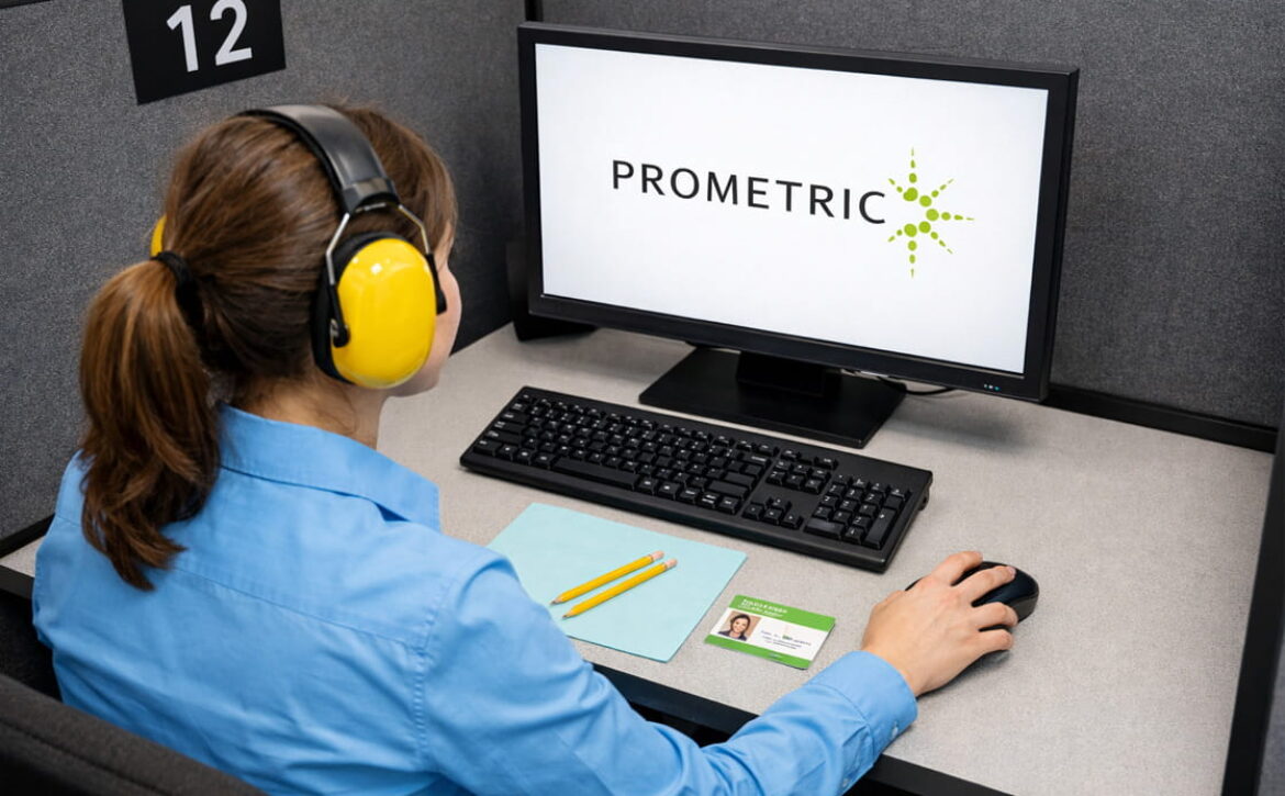 Woman who used Ace QBank for her MCCQE1 exam preparation, wearing headphones at a Prometric test station, facing a computer screen, with a keyboard, mouse, and ID card on the desk; image related to MCCQE1 Dates 2026 August and MCCQE1.