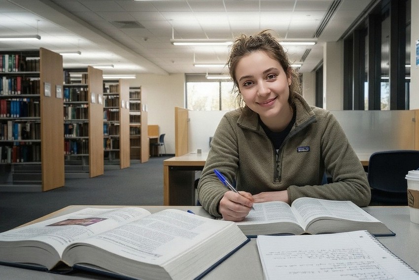A young woman sits at a table in the library, studying for the MCCQE1 with open books, her Ace QBank notebook, and a pen, determined to avoid common pitfalls that make most MCCQE1 study plans fail.