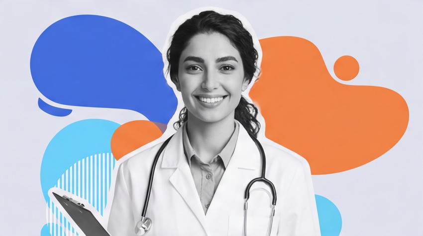 A woman in a white lab coat with a stethoscope and clipboard smiles at the camera, standing in front of an abstract blue and orange background. Ready to help you ace the MCCQE1 exam with Ace QBank.