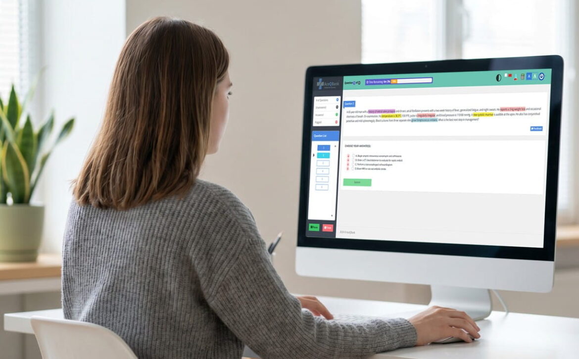 A woman sits at a desk using Ace QBank on her desktop computer, reviewing highlighted text and feedback, leveraging colour highlights for MCCQE1 exam prep on a writing platform.