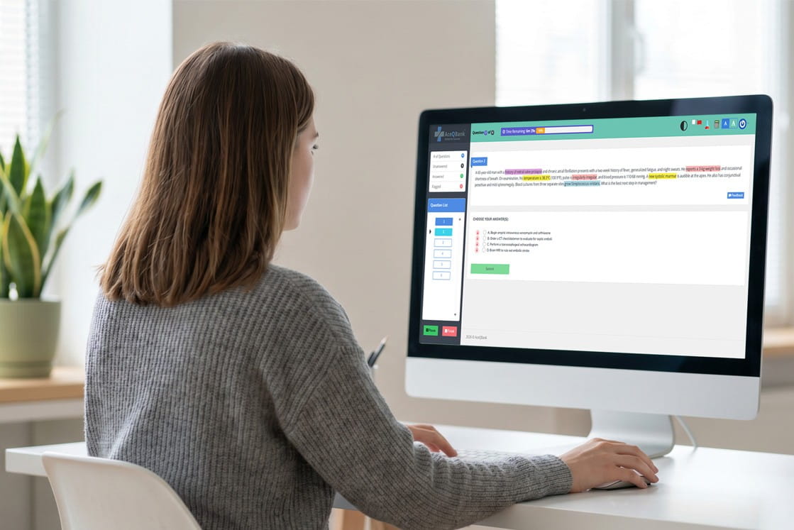 A woman sits at a desk using Ace QBank on her desktop computer, reviewing highlighted text and feedback, leveraging colour highlights for MCCQE1 exam prep on a writing platform.