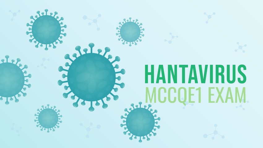 Illustration of hantavirus particles with the text "Hantavirus MCCQE1 Exam" on a light blue background.