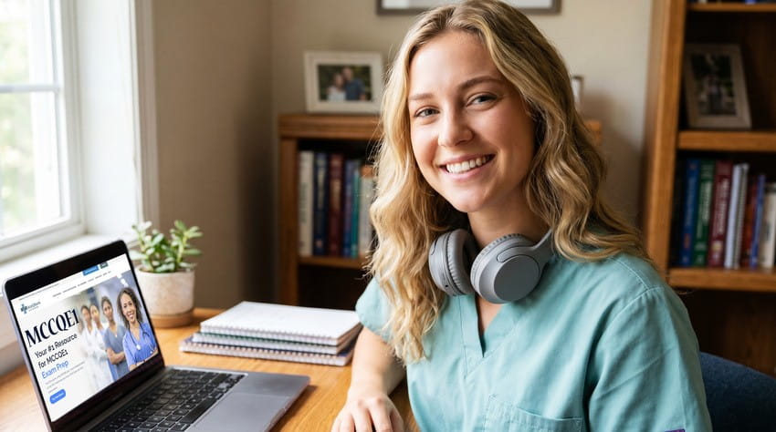 A woman in scrubs with headphones around her neck sits at a desk with a laptop, notebooks, and a plant, smiling at the camera in a home office setting. Ready to tackle her MCCQE prep with Ace QBank as she joins the countdown to August-September 2026 MCCQE Exam Dates.