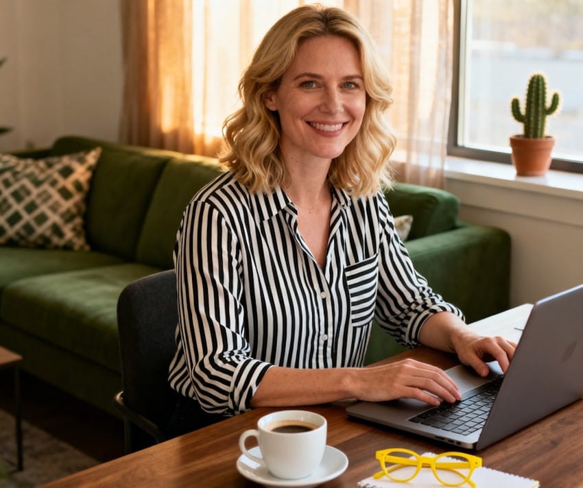 Woman with blonde hair in a striped shirt works on a laptop at a wooden table with coffee, glasses, and a notepad, reviewing Ace QBank resources on how to improve your time for the MCCQE, in a bright, cozy living room with a green couch and cactus.