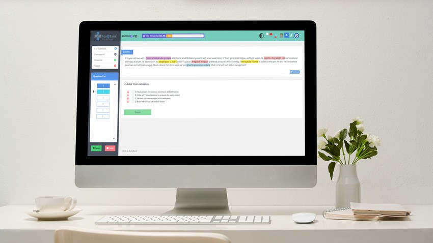 A desktop computer on a white desk displays Ace QBank’s text analysis tools with highlighted text for MCCQE1 exam prep; a small vase with flowers sits beside the monitor.