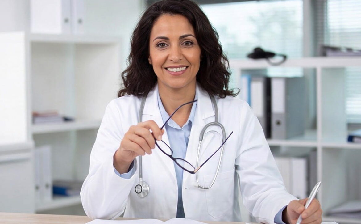 A woman doctor in a white coat sits at a desk, holding glasses in one hand and a pen in the other, smiling at the camera. Ready to share expert tips on how to improve your time for the MCCQE with resources like Ace QBank.