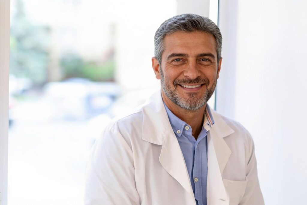 A man with short gray hair and a beard, wearing a white lab coat and blue shirt, smiles while standing indoors near a window, confidently ready to monitor MCCQE1 exam preparation with Ace QBank.