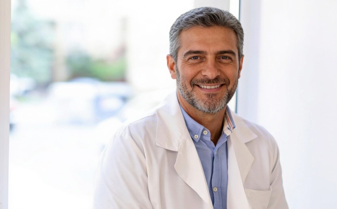 A man with short gray hair and a beard, wearing a white lab coat and blue shirt, smiles while standing indoors near a window, confidently ready to monitor MCCQE1 exam preparation with Ace QBank.