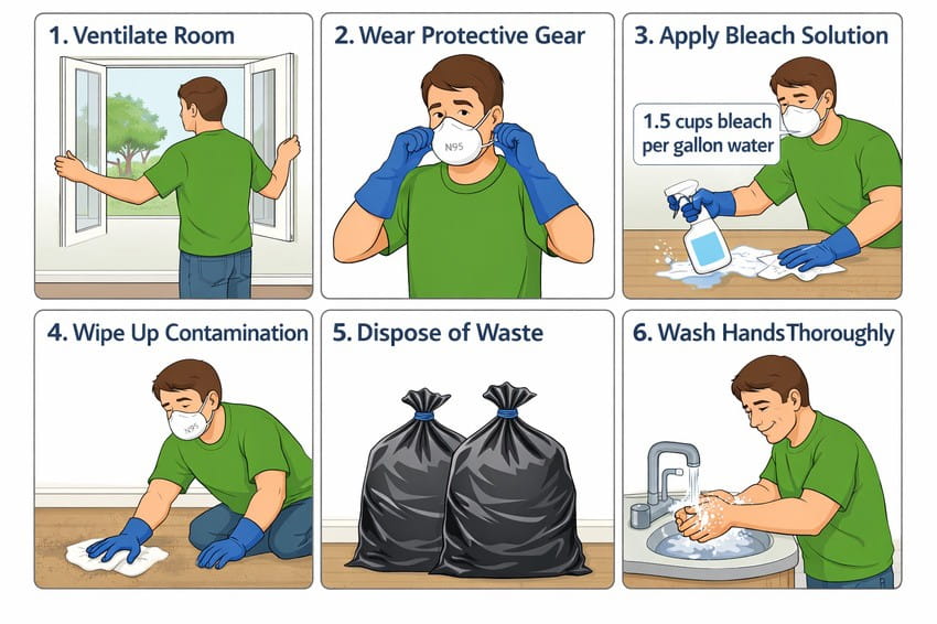 Six-step infographic guide: ventilating a room, wearing protective gear to prevent Hantavirus exposure, applying bleach solution, wiping contamination, disposing of waste in bags, and washing hands thoroughly. A process often referenced in MCCQE1 resources like Ace QBank.