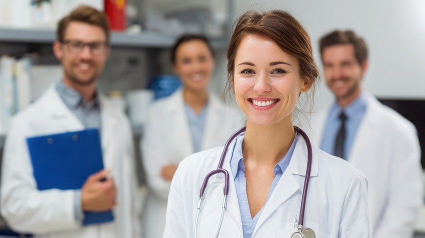 Four medical professionals wearing white coats, with a woman in the foreground smiling and three colleagues standing in the background.One holding a blue clipboard—representing a dedicated team preparing with Ace QBank for the Countdown to August-September 2026 MCCQE Exam Dates.