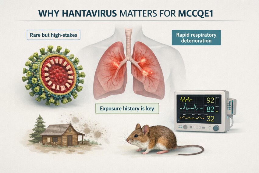 Infographic titled “Why Hantavirus Matters for MCCQE1,” showing a hantavirus particle, human lungs with respiratory distress, a vital signs monitor, a mouse near a cabin, and callouts reading “Rare but high-stakes,” “Rapid respiratory deterioration,” and “Exposure history is key.”