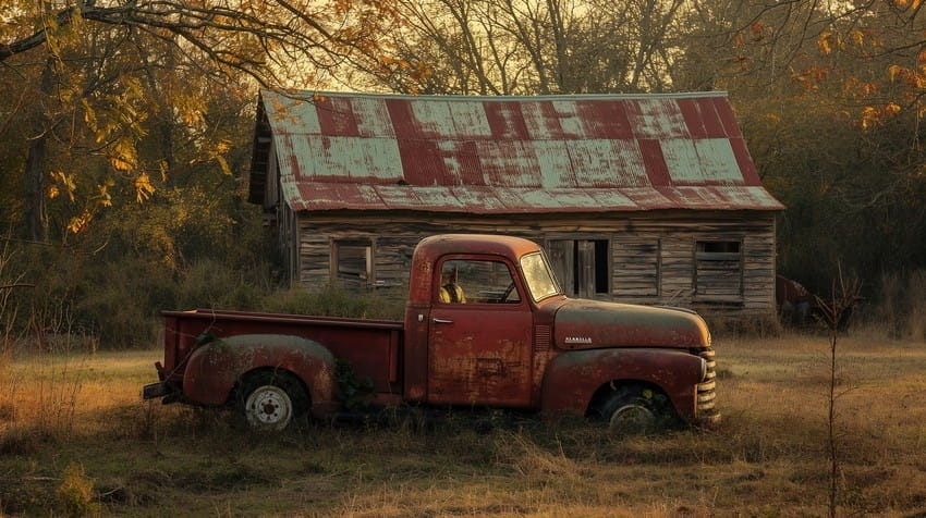 An old red pickup truck sits in tall grass in front of a weathered wooden barn with a rusted metal roof, looking as untouched as an Ace QBank question waiting to be tackled by MCCQE1 candidates.