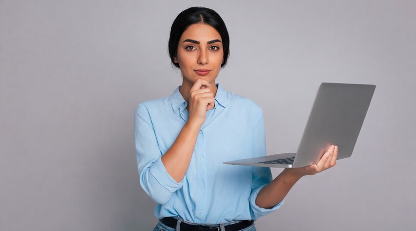 A woman in a light blue shirt holds a laptop in one hand and touches her chin with the other, standing against a plain gray background. Perhaps leveraging colour highlights for MCCQE1 exam prep with Ace QBank.