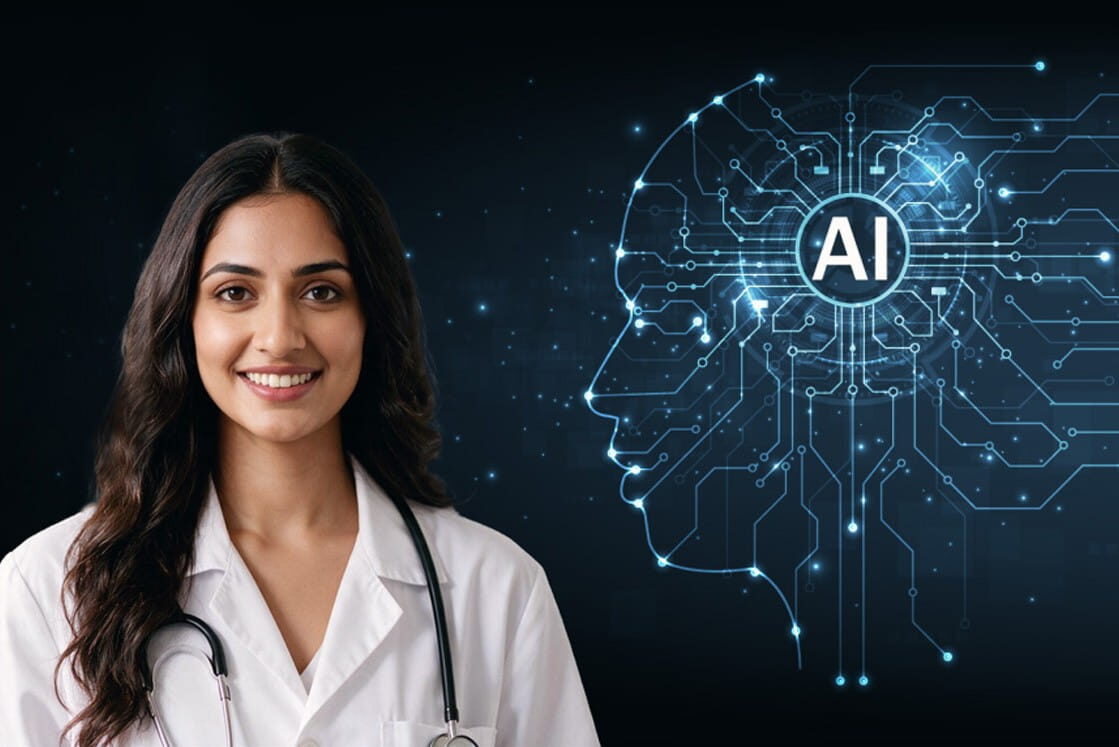 A smiling doctor stands next to a digital illustration of a human head with circuits and “AI” in the center. Symbolizing artificial intelligence in healthcare and highlighting the importance of reconciling when AI answers conflict with guidelines in MCCQE during exam preparation with Ace QBank.