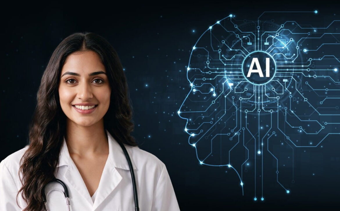 A smiling doctor stands next to a digital illustration of a human head with circuits and “AI” in the center. Symbolizing artificial intelligence in healthcare and highlighting the importance of reconciling when AI answers conflict with guidelines in MCCQE during exam preparation with Ace QBank.