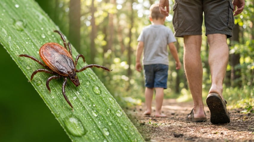 Close-up of a tick on a leaf with water droplets. In the background, an adult and child walk on a forest path, highlighting the potential risk of Lyme Disease in natural environments.
