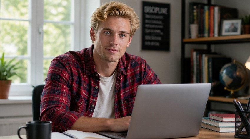 A person with blond hair and a red plaid shirt sits at a desk with a laptop, books, a cup, and shelves in the background, looking at the camera. Reflecting on Why Take Notes During MCCQE Question Practice using Ace QBank.