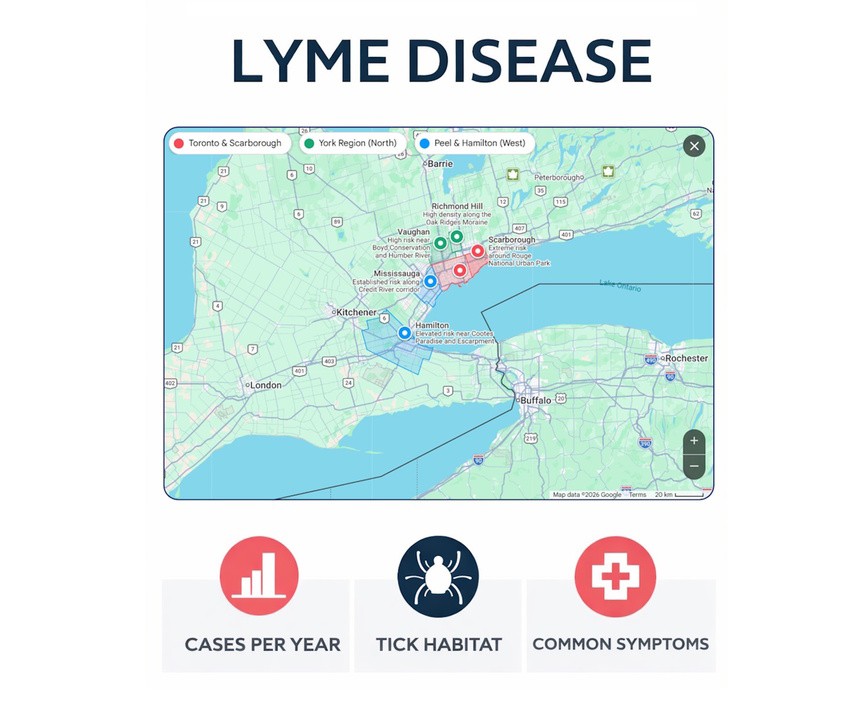 A map of Southern Ontario highlights Lyme disease cases, tick habitats, and symptoms. Developed in collaboration with Ace QBank, it offers a clear overview to help users identify key regions at risk for Lyme disease and understand how ticks contribute to transmission.