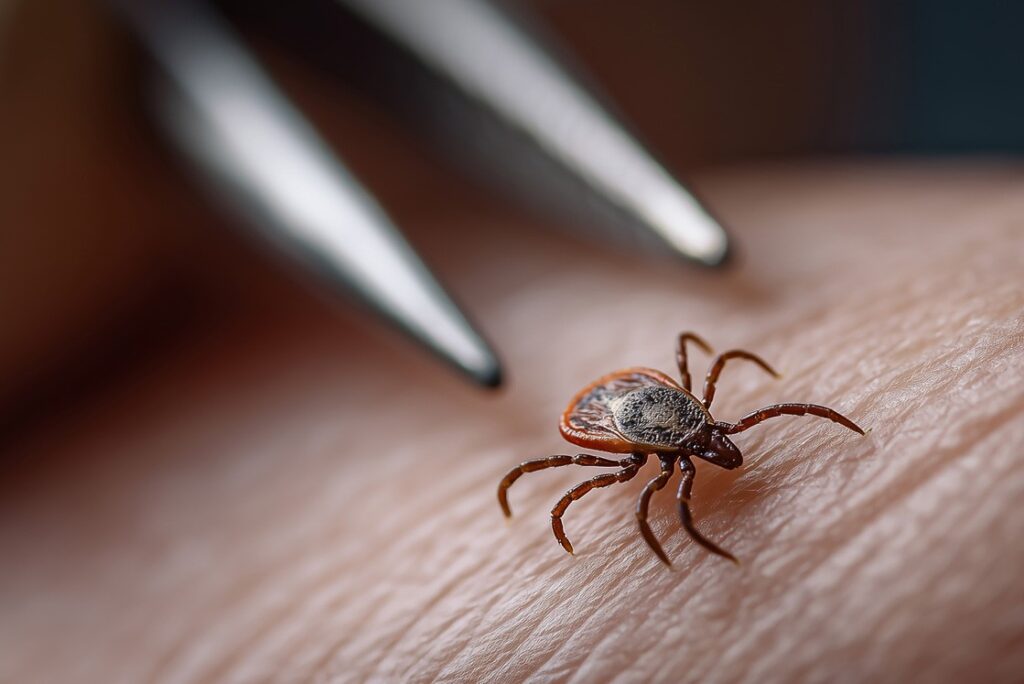 Close-up of a tick on human skin, with metal tweezers approaching it, ready for removal. A critical step in preventing Lyme Disease, especially in regions like Ontario.