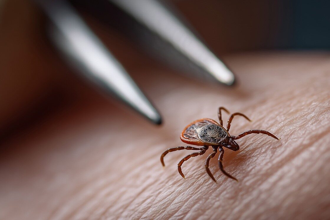 Close-up of a tick on human skin, with metal tweezers approaching it, ready for removal. A critical step in preventing Lyme Disease, especially in regions like Ontario.