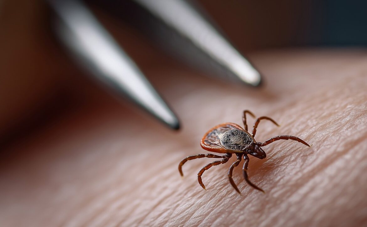 Close-up of a tick on human skin, with metal tweezers approaching it, ready for removal. A critical step in preventing Lyme Disease, especially in regions like Ontario.